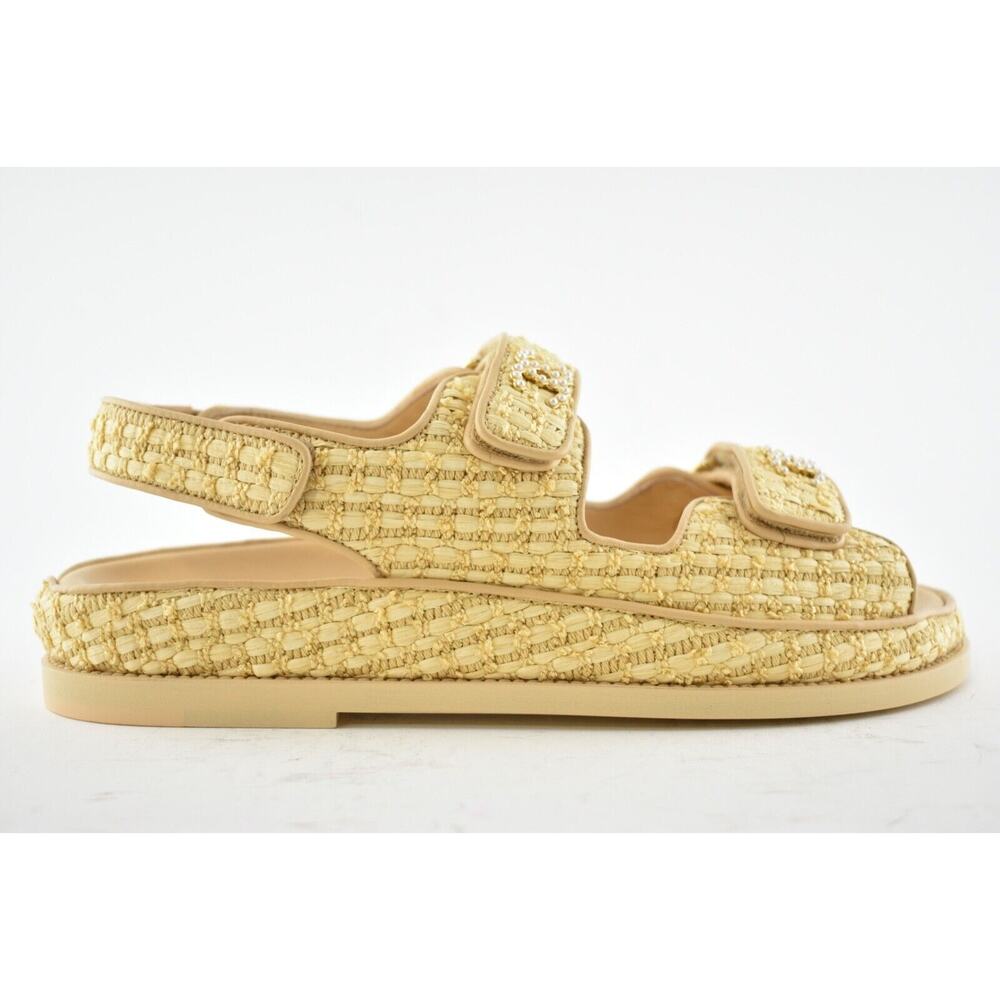 Chanel 21C Beige Raffia Pearl CC Logo Mule Slide Strap Flat Teva Dad Sandal 36 - Picture 2 of 12